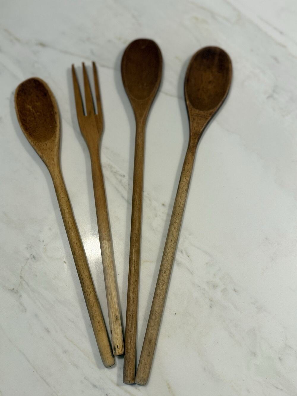 Set of 4 (14" 12") Vintage Wooden Cooking Spoons Fork Primitive Kitchen Utensils
